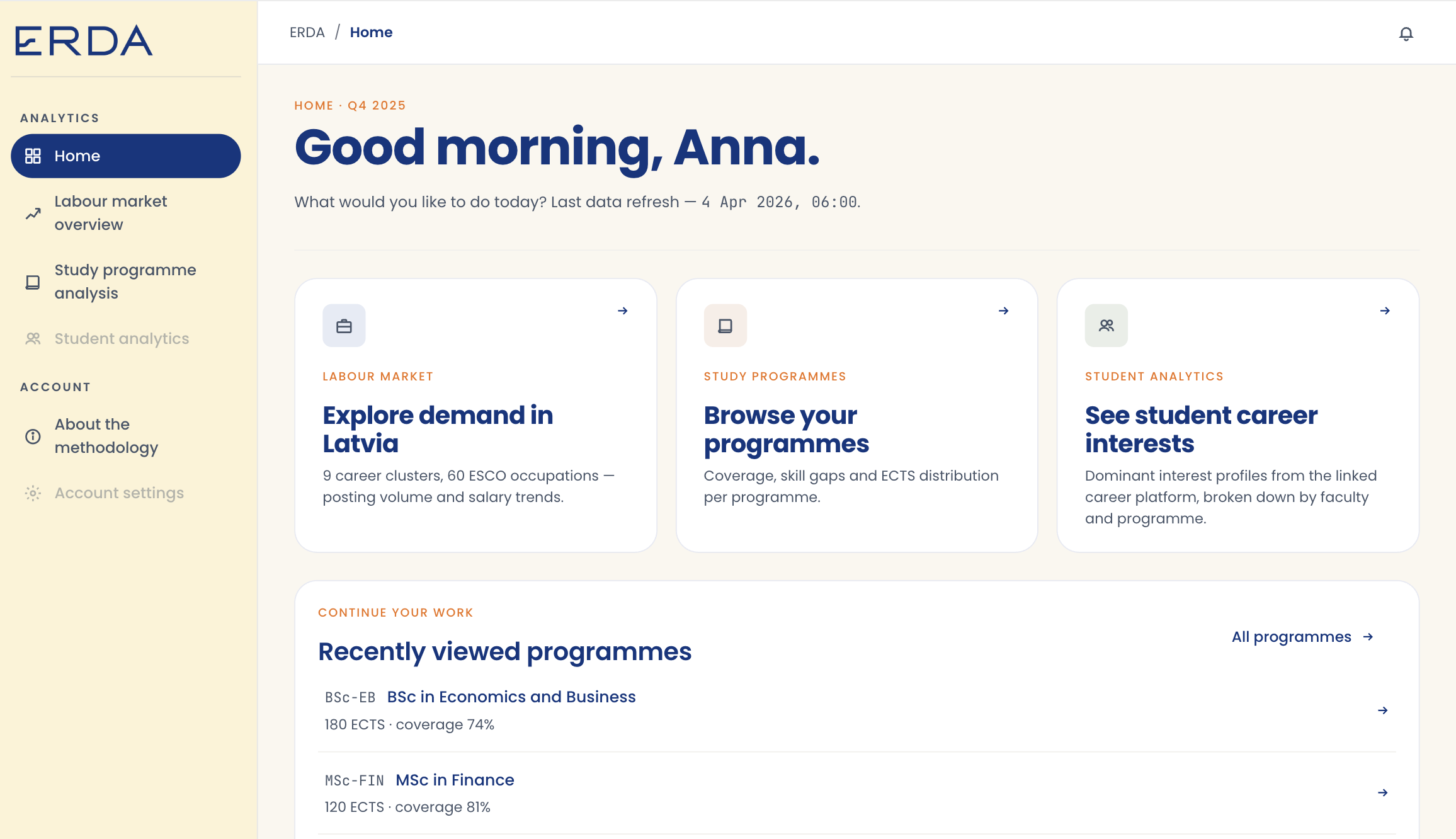 Platform home dashboard, showing three views (Labour market, Study programmes, Student analytics) and recently viewed programmes